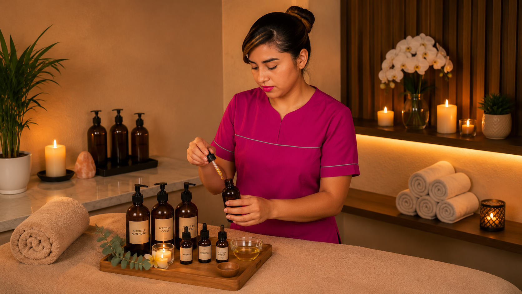 Leidy preparando aceites esenciales